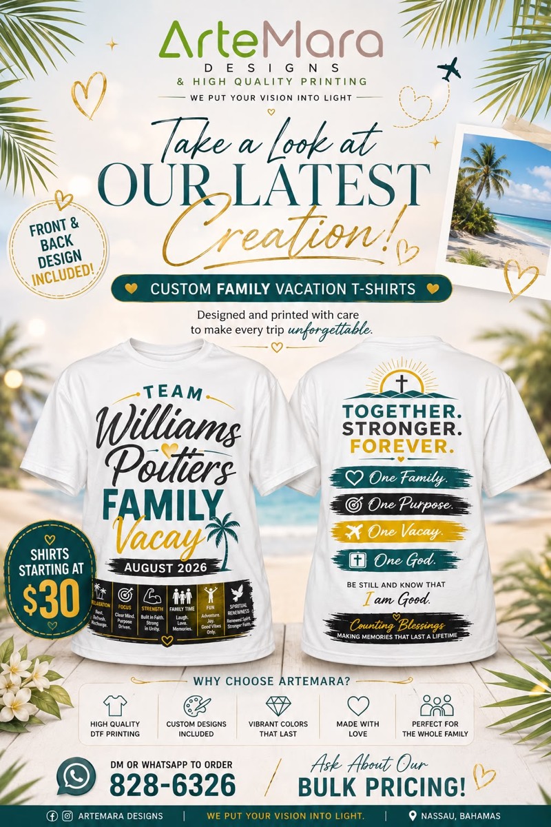 Flyer showing front and back custom family vacation tees