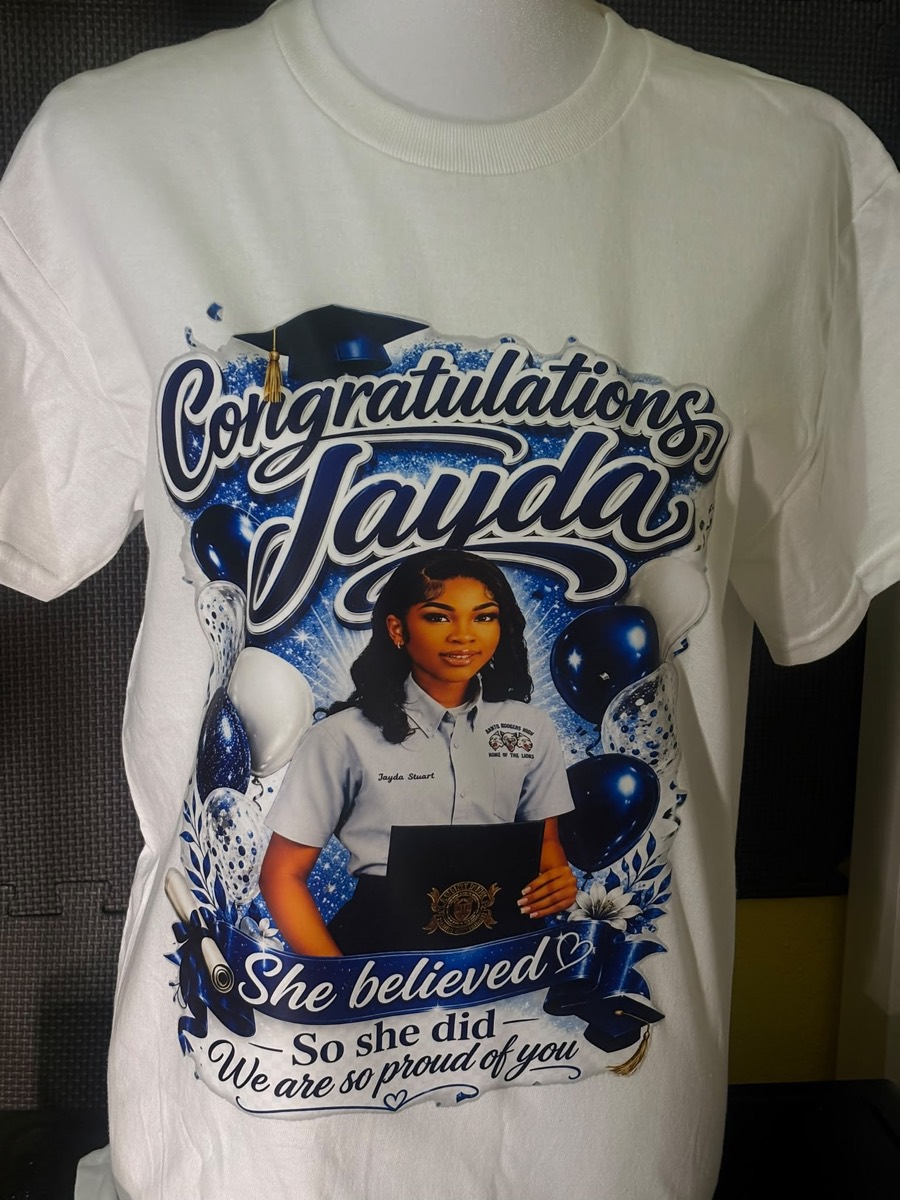 White graduation tee with balloons and a photo print