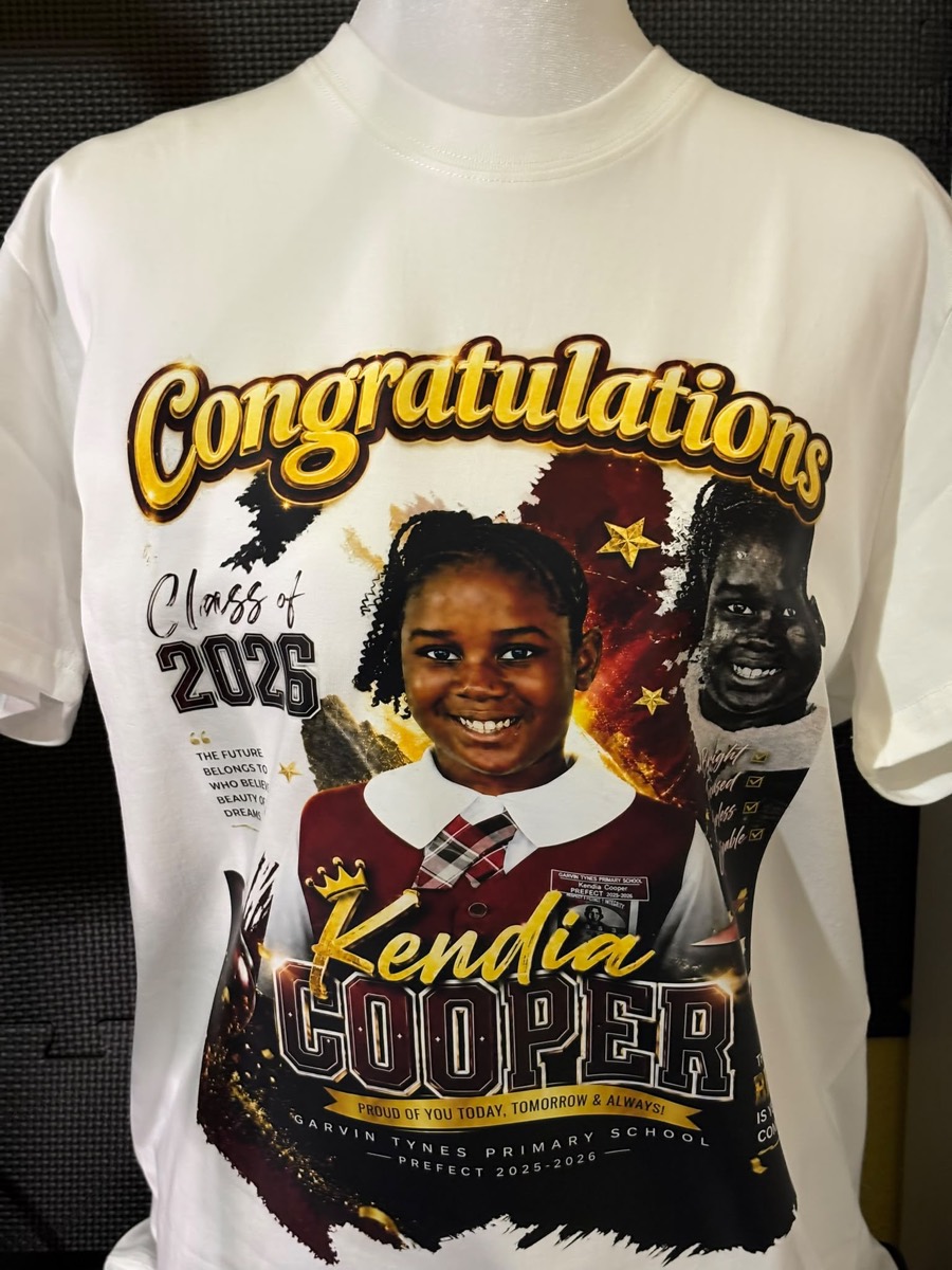 White tee celebrating a primary school prefect