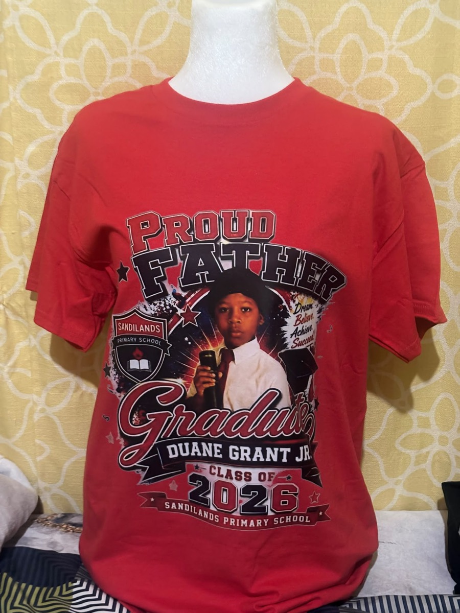 Red tee celebrating a primary school graduate