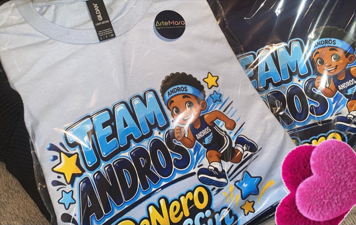 Packaged Team Andros tees with an ArteMara thank-you sticker
