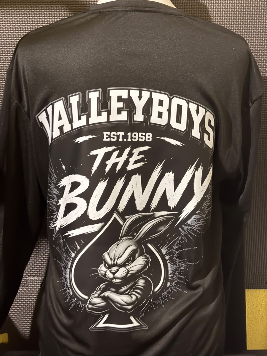 Black long sleeve with a bold Valleyboys bunny print